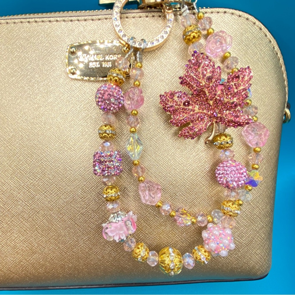 🍁Luxury Bag/Phone Chain Charm/Keychain Pink Rhinestone MAPLE LEAF Bling Beads